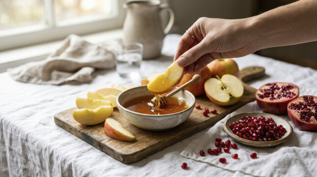 Hand Dipping Apple Slice in Golden Honey for Rosh Hashanah Celebration.