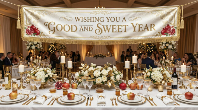 Luxurious Rosh Hashanah Dinner Setting with "Wishing You A Good and Sweet Year" Banner.