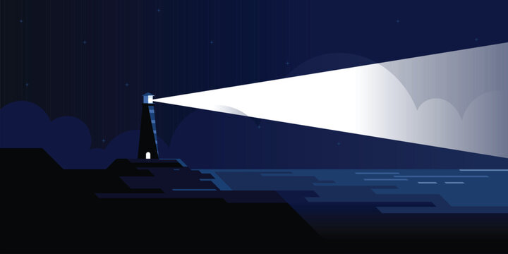 Lighthouse at Night with Bright Beacon Light Over Ocean, Minimal Vector Landscape, Coastal Navigation, Maritime Safety, Starry Sky Illustration