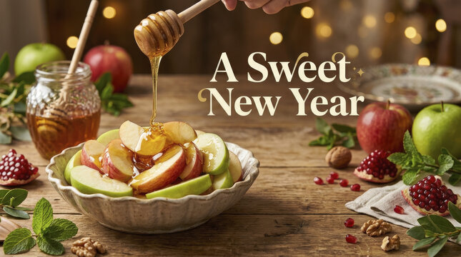Rosh Hashanah Sweet New Year: Hand Drizzling Golden Honey Over Sliced Apples on Rustic Wooden Table with Pomegranates