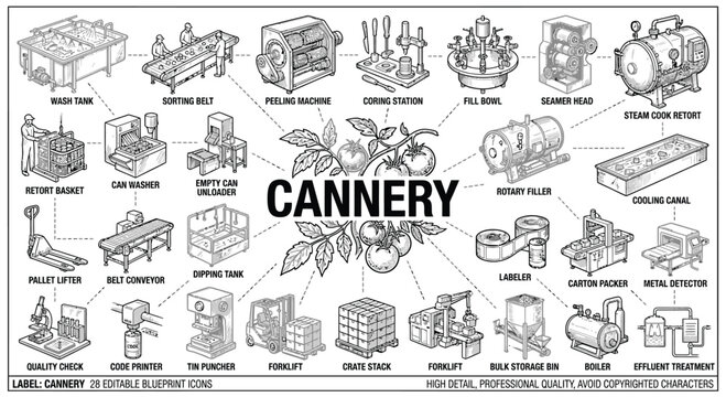 Technical black and white sketch illustration of a cannery facility layout featuring 28 blueprint icons like sorting belt, wash tank, seamer head, and forklift for food processing industry design.