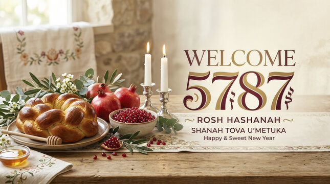 Rosh Hashanah Festive Table Setting with Challah, Pomegranates, Candles, and "Shanah Tova U'Metuka" Greeting for Jewish New Year Celebration.