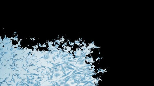 Dark granular snow recedes to reveal pale blue frost crystals and intricate ice patterns spreading across a frozen surface in a cold winter macro view, 3d animation