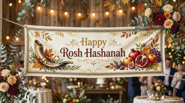 Happy Rosh Hashanah Festive Banner with Shofar, Pomegranates, Figs, Autumn Leaves, and Floral Decorations for Jewish New Year.