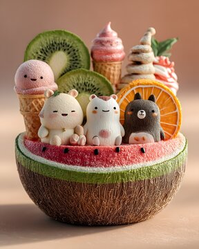 Cute kawaii baby animals sitting inside a giant tropical fruit bowl, watermelon, kiwi, orange slices, smiling faces, pastel ice cream, candy decorations.