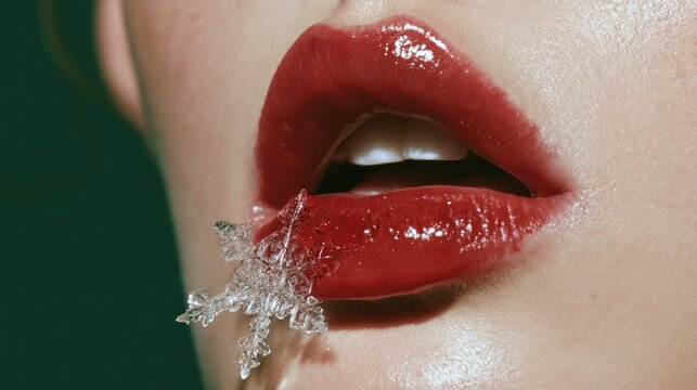 Close-up of glossy red lips with a melting snowflake touching lower lip