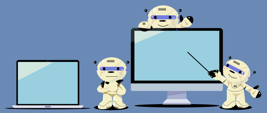 Cute robot characters presenting on computer screens and monitors vector illustration