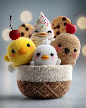 Adorable kawaii clay characters inside a giant ice cream cup, smiling ducklings, candy sprinkles, cherries, cookies, pastel whipped cream.