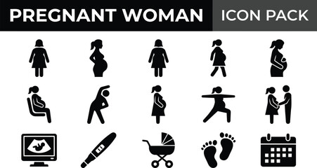 Obraz premium Black and white pregnant woman icon set showing various maternity lifestyle poses