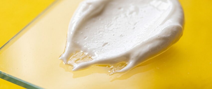 Close up of white cream smeared on clear glass against bright yellow background, skincare product texture or art concept