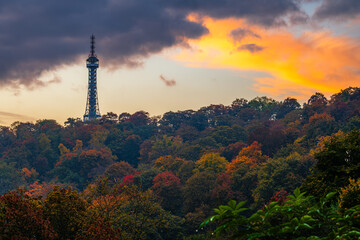 Obraz premium The Petrin lookout tower in UNESCO city site Prague in autumn morning sunrise dawn.