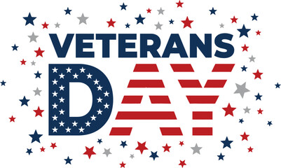 Obraz premium Decorative veterans day text design featuring american flag patterns and festive stars on a clean white background