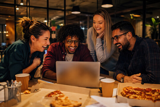 Four individuals are collaboratively working around a laptop, enjoying a casual meeting with pizza and coffee, capturing a moment of engagement and camaraderie.
