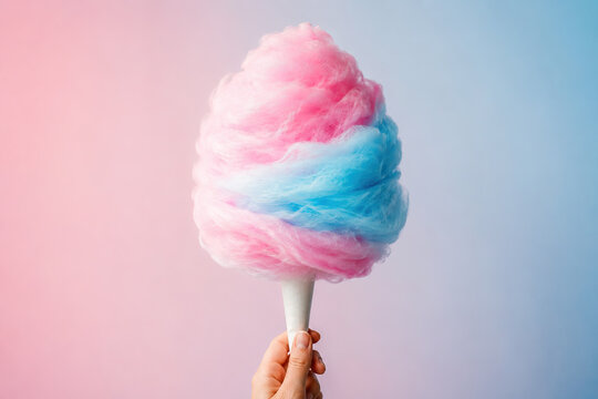 A large, fluffy pink and blue cotton candy cone against a gradient background, creating a playful and sweet visual.