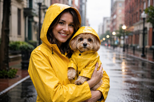A joyful woman and her dog embrace in a rainy urban setting, both wearing yellow raincoats, creating a heartwarming scene of companionship and resilience.