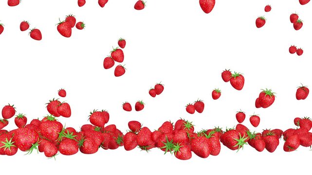 Strawberries fall and bounce onto a growing pile along the bottom of a white background, creating a clean looping fruit animation with ample copy space, 3D animation