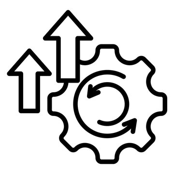 Black and white line drawing of a gear with a circular arrow and two upward arrows.