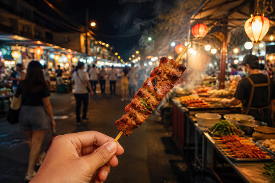 A vibrant nighttime street food market scene features a delicious skewer of grilled meat, garnished with fresh herbs, creating a captivating culinary moment.
