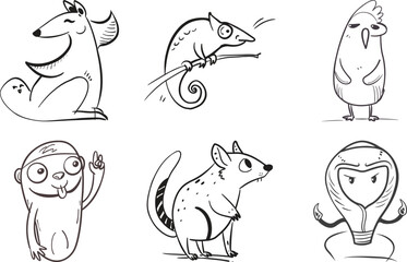 Obraz premium Doodle animals collection in sketch style, playful zoo creatures hand drawn on transparent background.