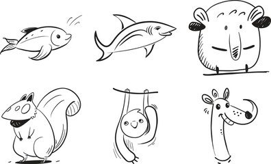 Fototapeta premium Whimsical doodle animal collection cute and friendly creatures sketched on transparent background for design.