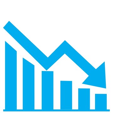 Blue downward arrow and bar chart combo isolated on white background