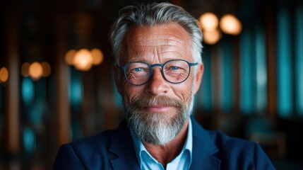 Fototapeta premium An older man with glasses and a beard, exuding confidence and wisdom, portrays a serene expression against a warm backdrop, reflecting dignity and experience in life.