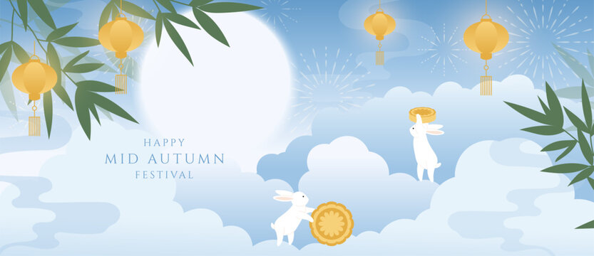Mid Autumn Festival vector background wallpaper with two jade rabbits on mooncakes, glowing full moon, hanging lanterns, osmanthus blossoms and purple sky