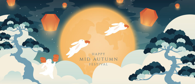 Mid Autumn Festival vector background wallpaper with two jade rabbits on mooncakes, glowing full moon, hanging lanterns, osmanthus blossoms and purple sky