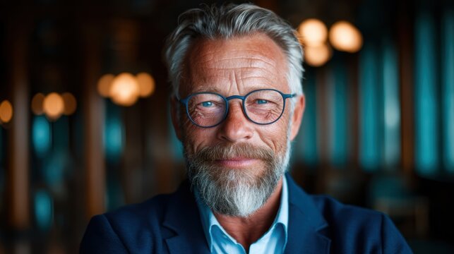 An older man with glasses and a beard, exuding confidence and wisdom, portrays a serene expression against a warm backdrop, reflecting dignity and experience in life.