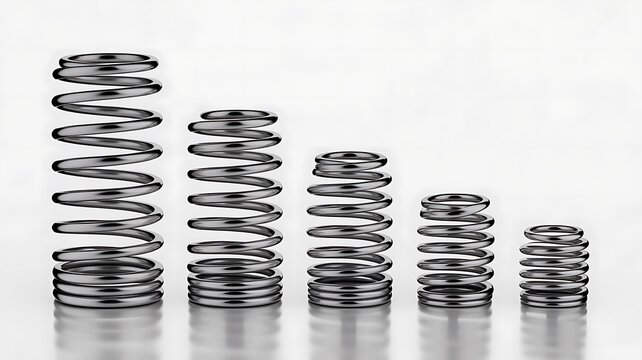 Five metal coil springs of different sizes in a row