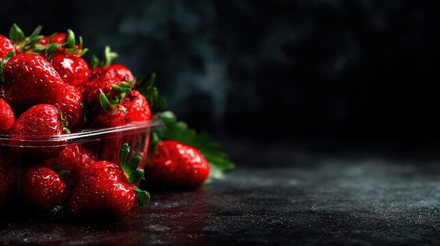 A tempting display of plump, ripe strawberries placed on a dark backdrop highlights their luscious nature, inviting viewers to indulge in fresh, healthy delights.