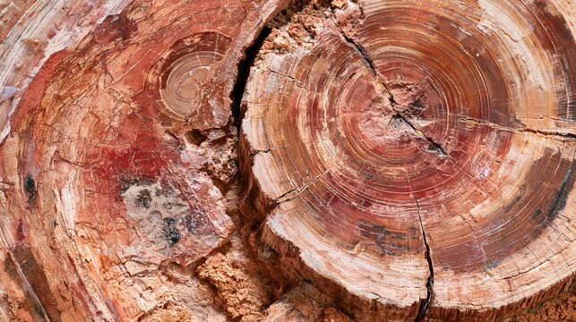 Close-up flat lay of petrified wood cross-section texture, ancient silicified tree rings visible in warm brown and red mineral tones, studio flat lighting, ultra high resolution stone background 