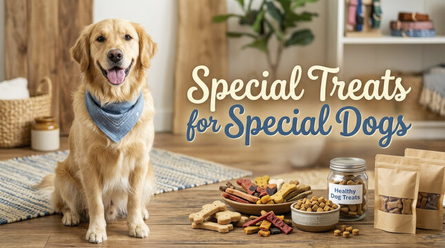Happy Golden Retriever with special dog treats for International Dog Day, celebrating pet health and well-being in a cozy home.