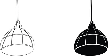 Line art and silhouette of industrial pendant light with metal cage for kitchen and loft decor. © Rupasi