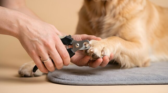 Close up shot of hands using professional clippers to trim the nails of a dog.
