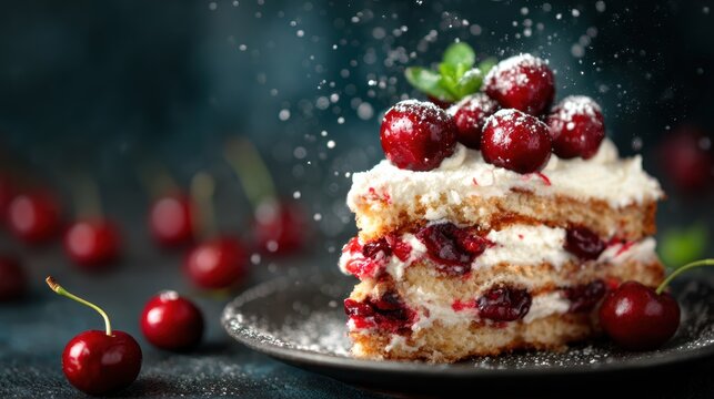 A delectable cherry cake is featured in this image, topped with icing and cherries, enticing viewers with its sweetness and artistic presentation in a pastel-themed setting.