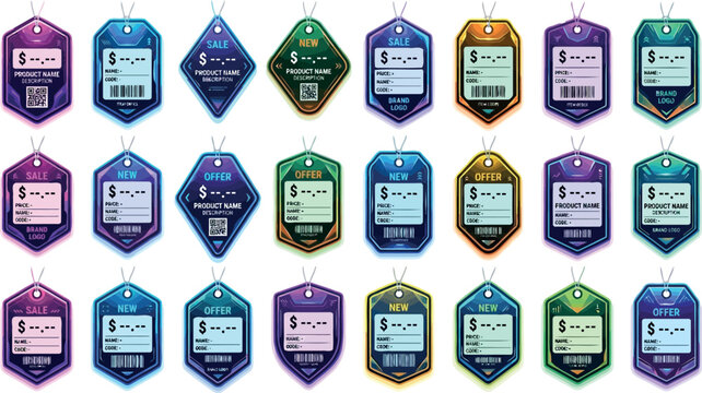Modern retail tags with placeholders for product name description code and brand logo in diverse abstract shapes and color gradients