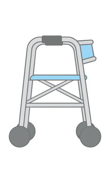 Minimalist side profile icon of a medical walker with clean monoline stroke design on a white background, healthcare equipment concept