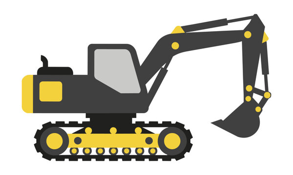 Minimalist silhouette of a crawler excavator with geometric shapes and solid colors isolated on a white background, construction equipment concept