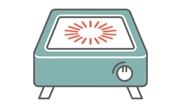 Monoline icon of a modern portable camping stove with a central heat element, simple geometry, and bold flat colors. Outdoor cooking equipment concept