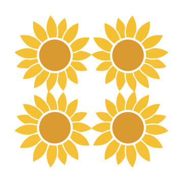 Four stylized golden sunflower blossoms with bold ochre centers isolated on a white background, minimalist floral design concept