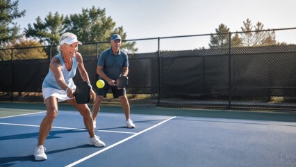 Fototapeta premium Two seniors playing pickleball on an outdoor court, focused and actively engaged in the game on a sunny day.