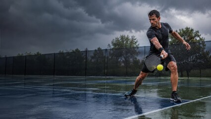Fototapeta premium man intensely playing pickleball on an outdoor court under dark, stormy skies.