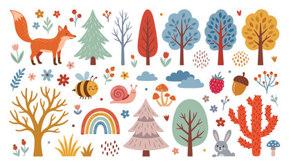Forest elements vector illustration set. Cute woodland trees, wild fox, rabbit, honeybee, rainbow and autumn nature stickers.
