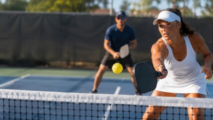 Fototapeta premium Two players actively engaged in a pickleball match on an outdoor court during daytime.