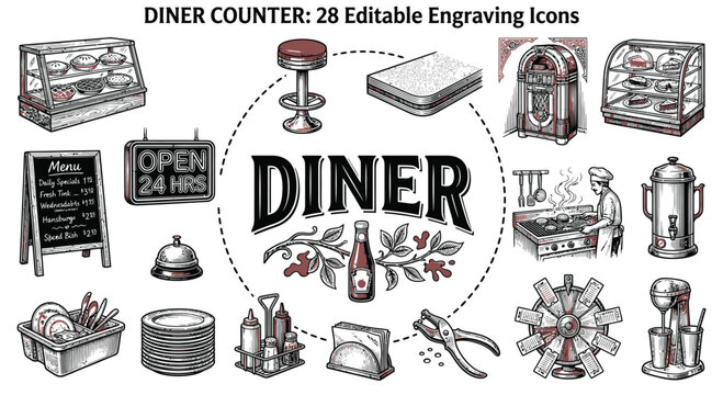 Vintage black and white engraving illustration set of diner counter icons featuring a jukebox, stool, pie display, grill chef, coffee urn, and menu board on a white background.