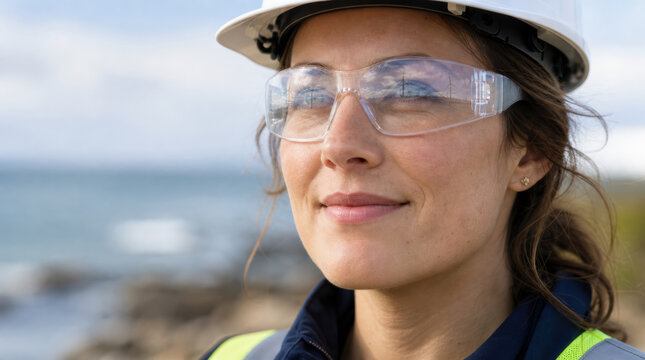 Female engineer safety glasses hard hat portrait close up determined energy coastal worker protective eyewear and helmet on confident woman at seaside industrial site