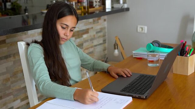 Young female child using laptop for tutoring private class - School, education and study concept	