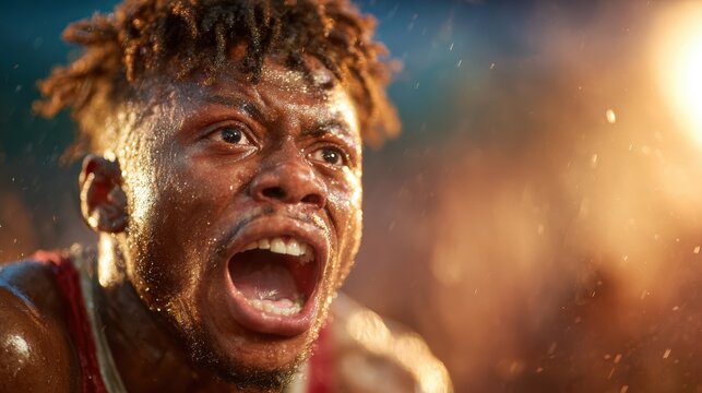 An intense moment captured in sports as an athlete passionately yells, showcasing determination and raw emotion amidst a dramatic, atmospheric backdrop of competition.