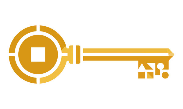 Minimalist golden key with geometric shapes, clean lines, and a vibrant yellow golden palette, isolated on white. Security and access concept